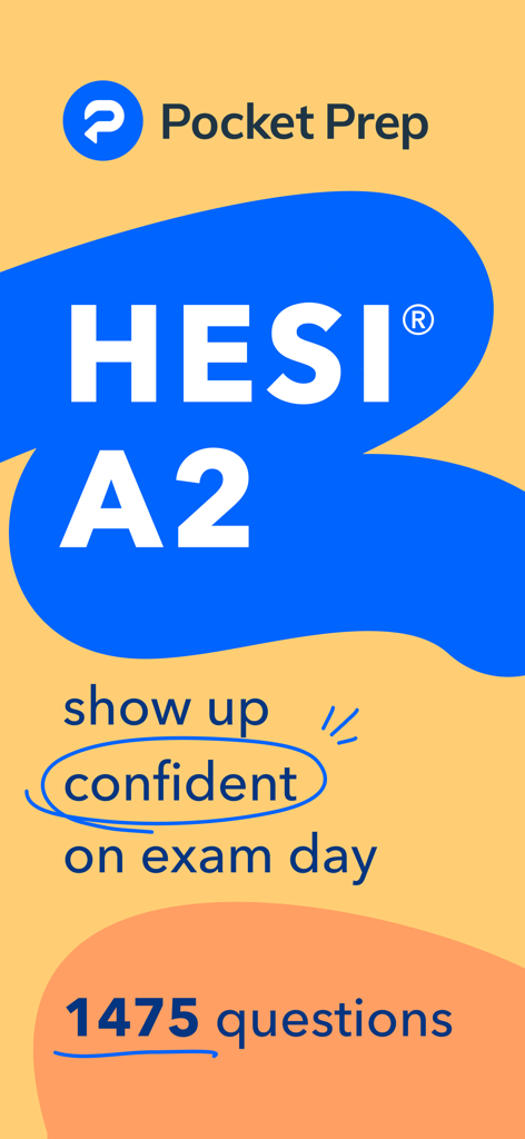 HESI® A2 Prep by Pocket Prep - HESI A2 exam preparation app splash screen featuring 1475 practice questions for nursing students