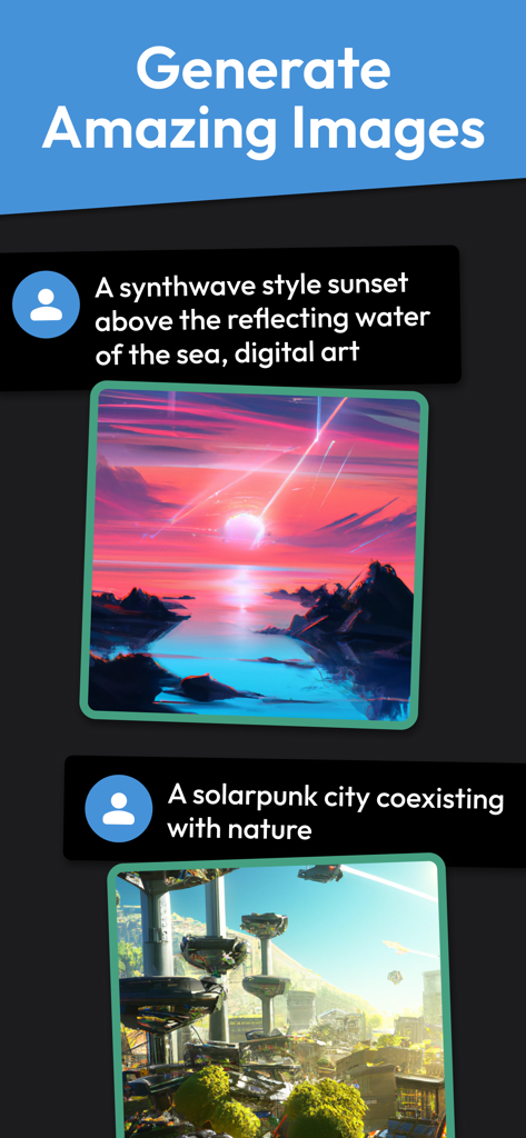 Copy AI: Content Script Writer - Interfaz de la aplicación móvil Copy AI que muestra arte generado por IA y indicaciones de texto para estilos synthwave y solarpunk.