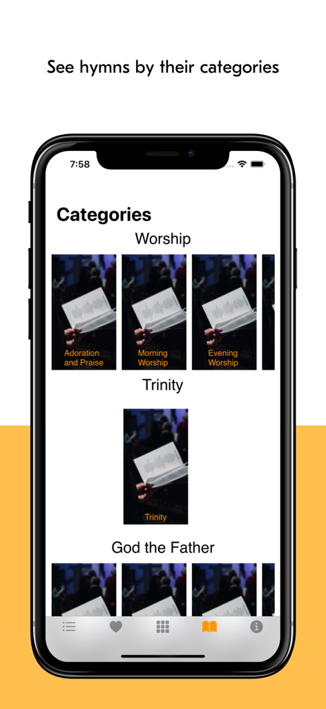 SDA Hymns - SDA Hymns mobile app interface displaying hymn categories for worship