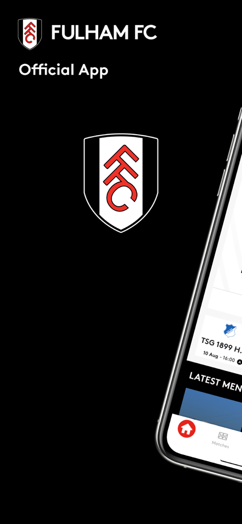 Official Fulham FC mobile app splash screen featuring the club crest and match center