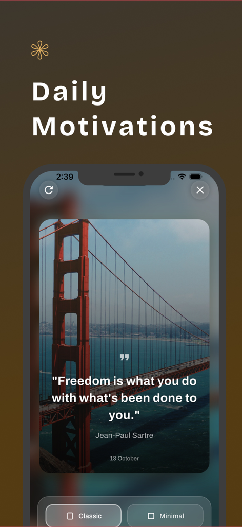 English to Sinhala Translator - A mobile app screen titled Daily Motivations displaying a quote by Jean-Paul Sartre over a photo of the Golden Gate Bridge.