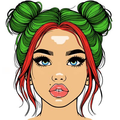 realistic girl with two buns on her hair and lips
