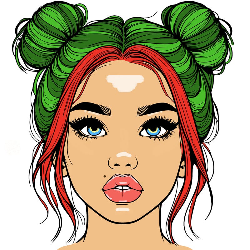 realistic girl with two buns on her hair and lips