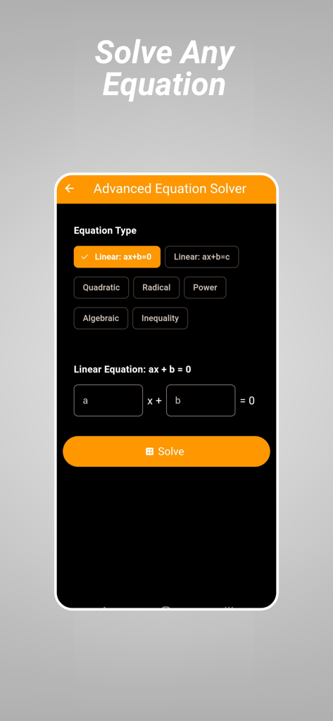 Calculator+ Pro & Math Solver - Interfaz del Solucionador Avanzado de Ecuaciones en la aplicación Calculator Pro que muestra opciones para ecuaciones lineales y cuadráticas