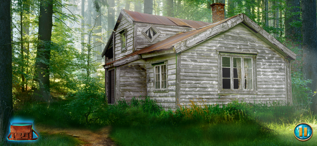 An old wooden cabin in a sunlit forest from the mystery game The Secret on Sycamore Hill.