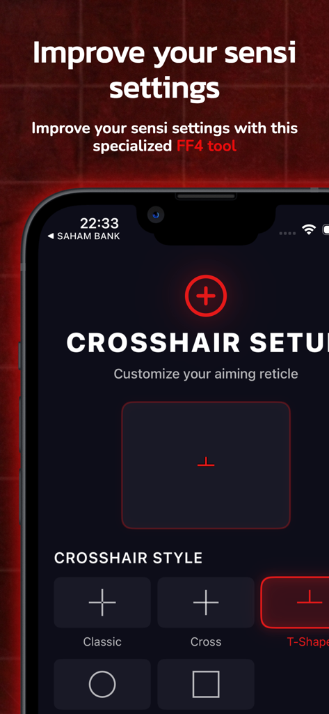 Game Booster - Headshot Tool - Interfaz de la aplicación móvil mostrando la pantalla de configuración de la mira con diferentes estilos de retículas de puntería como clásica y de T para juegos FPS.
