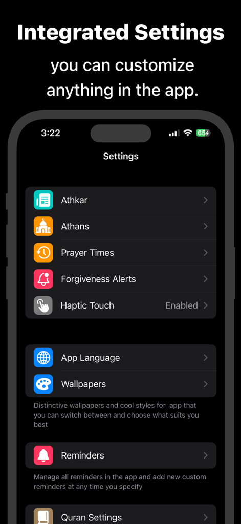 Azkar - اذكار : Athan & Prayer - Écran de paramètres intégré dans l'application Azkar pour personnaliser les alertes de prière et l'apparence de l'application.