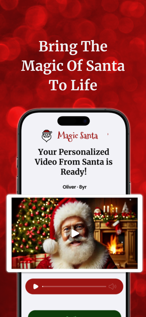 Smartphone screen displaying a personalized cinematic video message from Santa Claus in the Magic Santa app