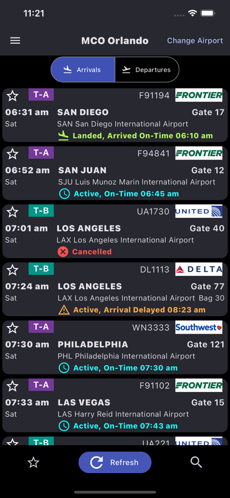 Orlando Airport: Flight Info - Lista de chegadas de voos em tempo real no aeroporto MCO de Orlando mostrando status, terminal e informações do portão