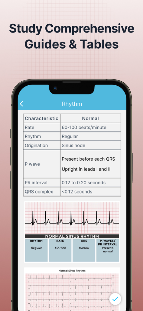 ECG EKG Interpretation Mastery - ECG EKG Interpretation Mastery app screen showing a normal heart rhythm table and EKG strip