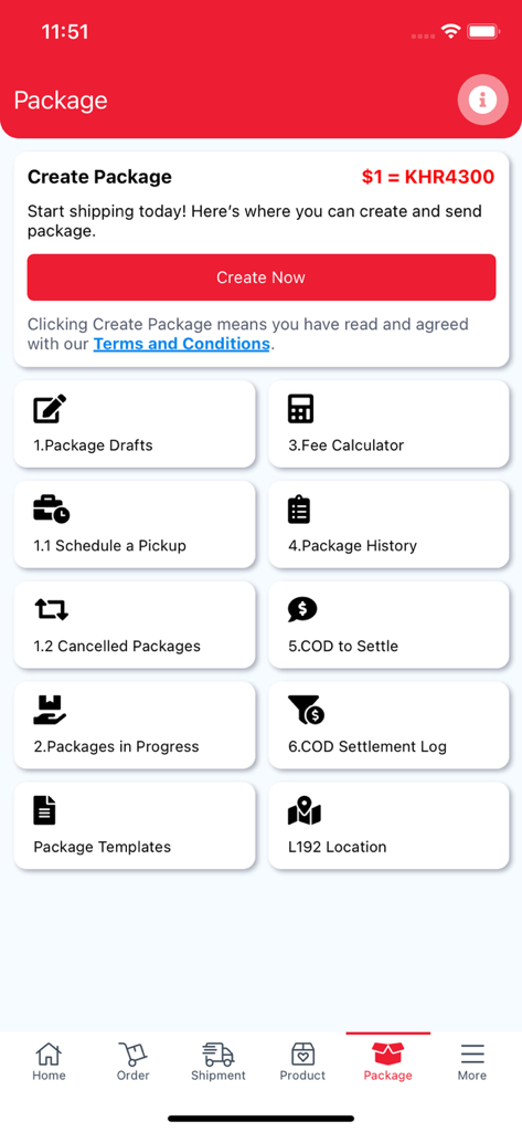 L192 Delivery and Business - Package management dashboard of the L192 app showing options for creating packages and calculating fees