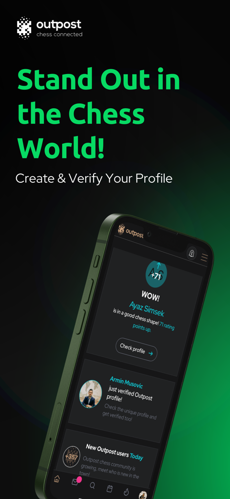 Outpost Chess - Tela de smartphone mostrando o aplicativo Outpost Chess com um perfil de usuário verificado e exibição de progresso de classificação.