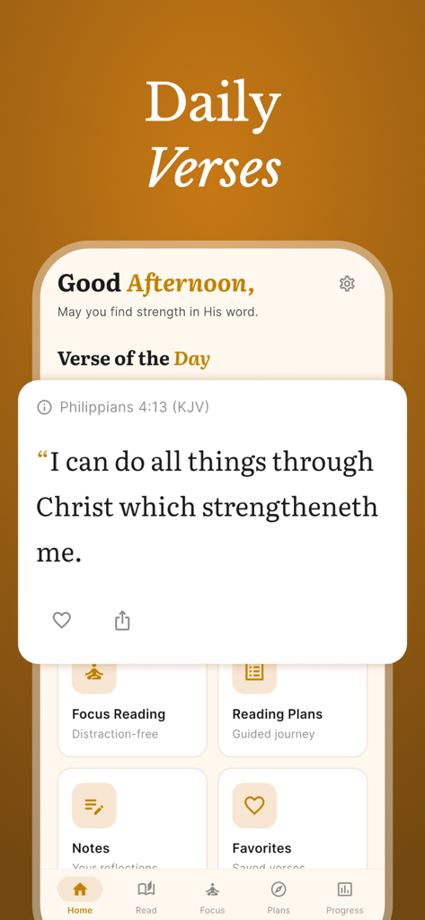 Holy Bible & Daily Verse - The home screen of the Holy Bible and Daily Verse app featuring a daily scripture from Philippians 4:13 and options for focus reading and study plans.