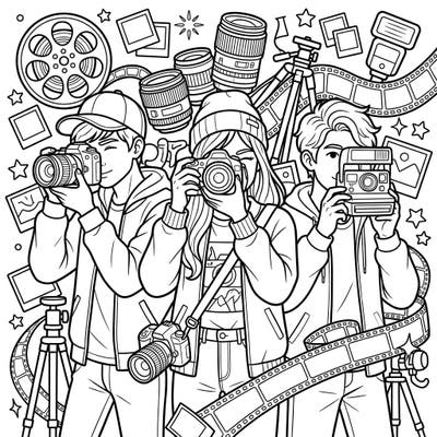 Dive into the exciting world of photography with this dynamic coloring page featuring a group of stylish teens capturing moments. Explore intricate details of cameras, lenses, and film as you bring this vibrant scene to life with your favorite colors.