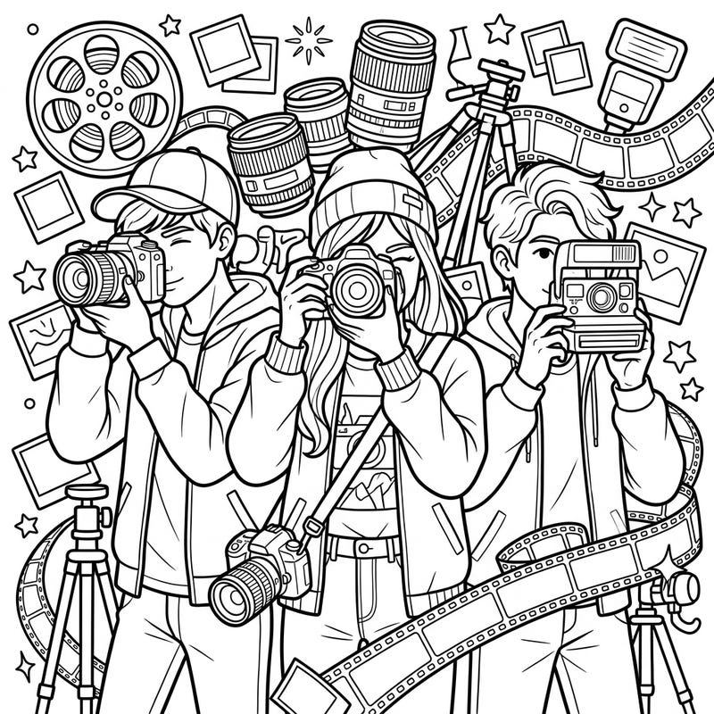Dive into the exciting world of photography with this dynamic coloring page featuring a group of stylish teens capturing moments. Explore intricate details of cameras, lenses, and film as you bring this vibrant scene to life with your favorite colors.