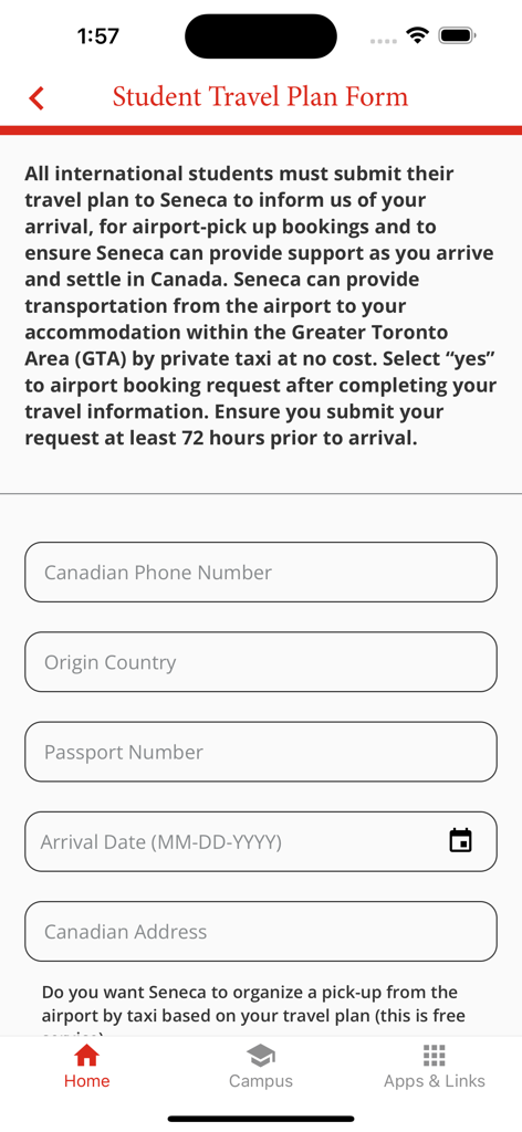 Seneca Mobile - Seneca Mobile student travel plan form for international student airport pickup registration
