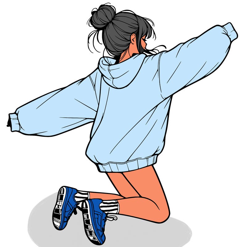 realistic girl jumping with a bun and oversized sweatshirt