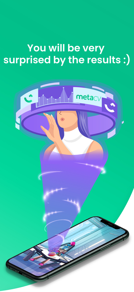 Lazy Guru: Career & Fun - A character emerging from a smartphone with a futuristic Meta CV interface and data charts