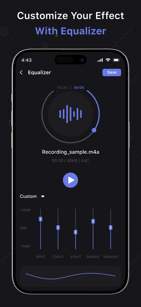 Audio Editor & Music Editor - Interface of the Audio Editor app showing a five band equalizer to customize sound effects on a recording