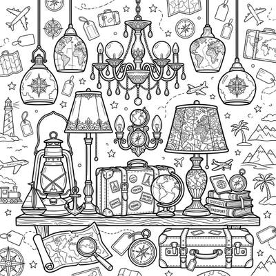 Ignite your imagination with this unique coloring page showcasing elegant lighting fixtures adorned with global travel elements. Explore a world of adventure as you bring chandeliers, lamps, and suitcases to life with your favorite colors.