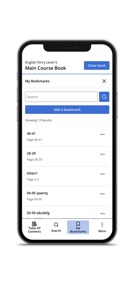 The bookmarks management screen in the Macmillan Education Everywhere app showing saved textbook pages.