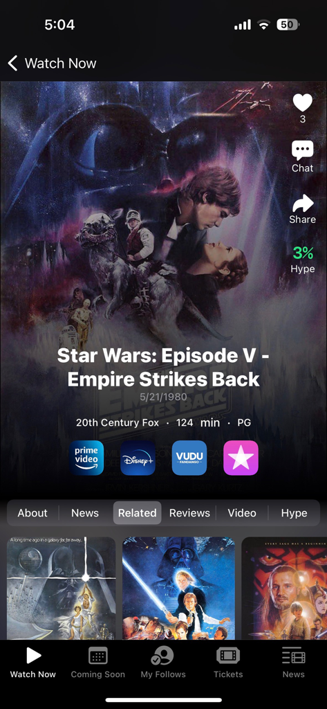 La aplicación ¡Películas Ahora! mostrando opciones de streaming y medidor de expectación para Star Wars El Imperio Contraataca.