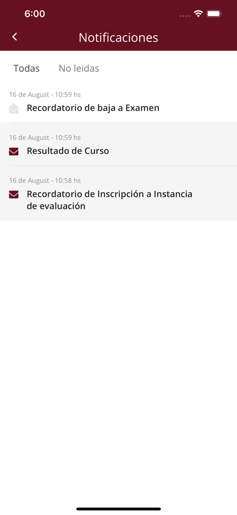 Universidad ORT Uruguay - Universidad ORT Uruguay mobile app notifications screen showing exam and course reminders
