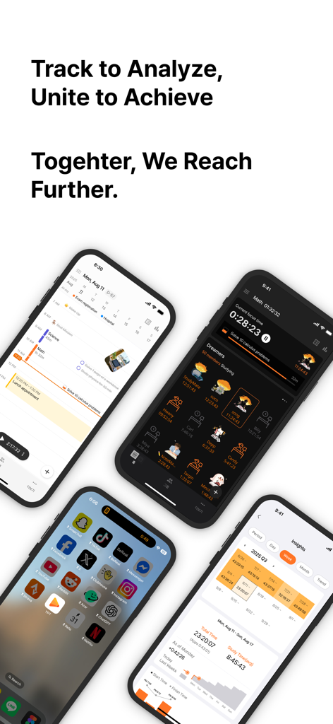 Mobile app screens showing study planner group study mode and productivity analytics