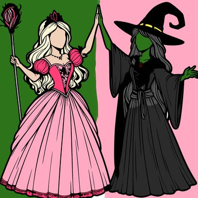 detailed realistic split of a princess and a witch