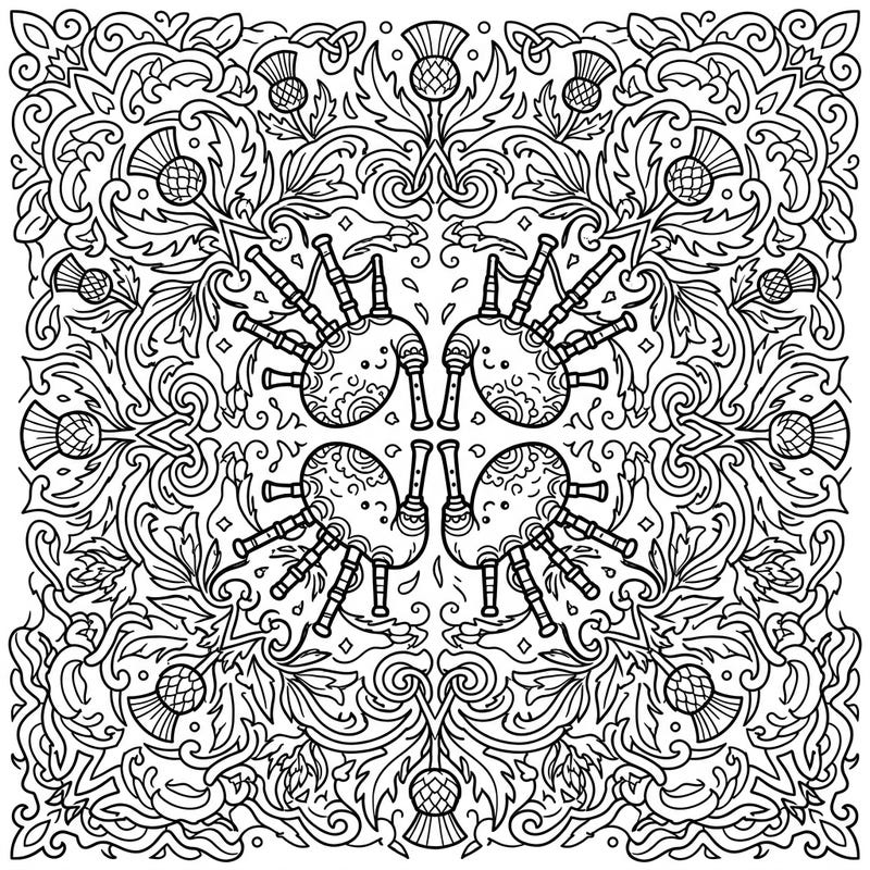 Unleash your creativity with this delightful Kawaii Bagpipes Mandala coloring page, blending adorable artistry with traditional Scottish motifs. Experience the joy of coloring an intricate design that's both charming and engaging.