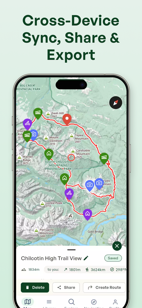 Outmap app interface showing a detailed mountain trail map with cross device sync and sharing features