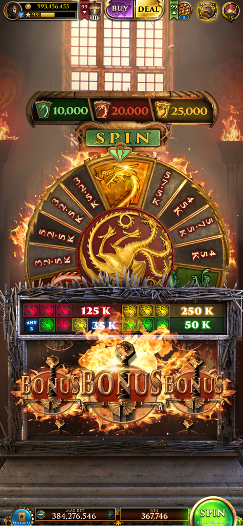 Gameplay di Game of Thrones Slots Casino che mostra una ruota bonus a tema drago e grafiche di spade fiammeggianti