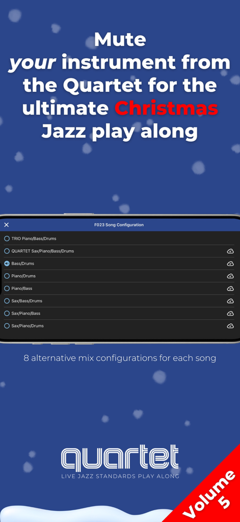 Interfaccia che mostra configurazioni di mix di più strumenti per un play-along jazz