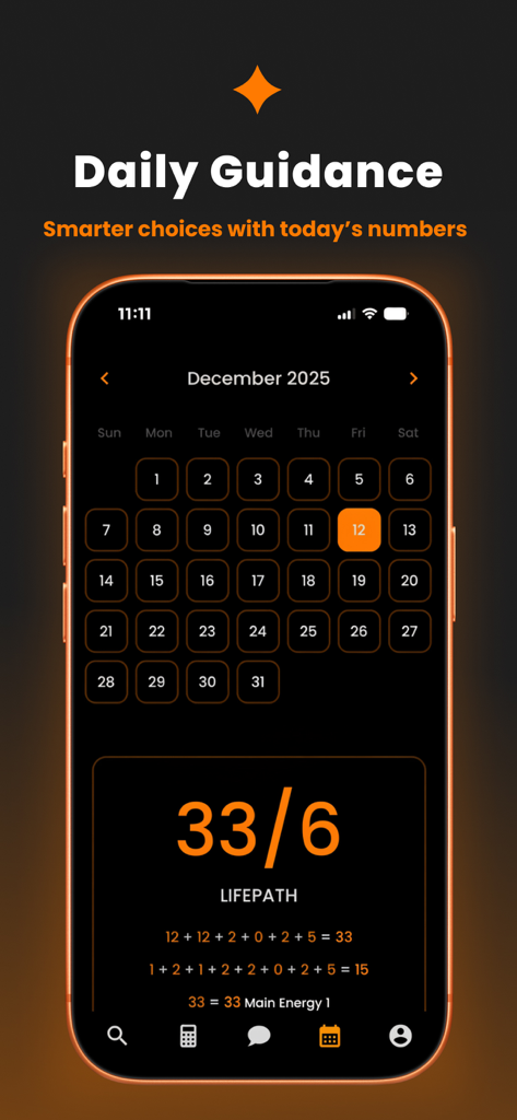 CUE Astrology - CUE占星術アプリのインターフェース。毎日のガイダンスカレンダーとライフパス33のエネルギー分析を表示。