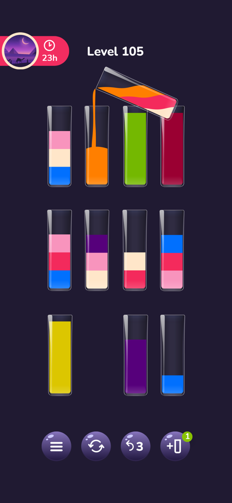 Uma interface de jogo para celular mostrando um quebra-cabeça de classificação de água com líquidos coloridos em tubos de vidro.