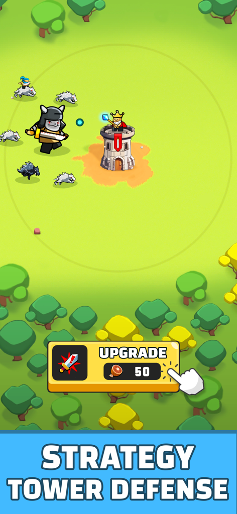 Idle Castle Tower Defense TD - Gameplay of Idle Castle Tower Defense TD showing a king on a tower defending against monsters with an upgrade menu button.