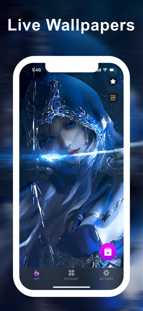 Pantalla de la aplicación Live Wallpaper 4K con una arquera de fantasía anime en azul.