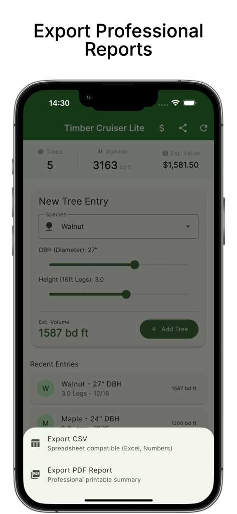 Timber Cruiser: Log Calculator - Timber Cruiser app interface showing options to export forest inventory data as CSV or PDF reports