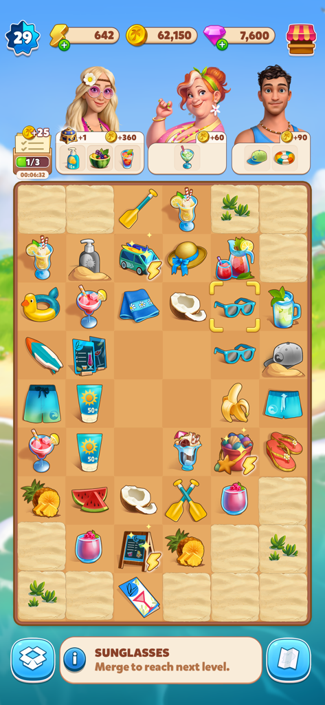 A gameplay screenshot of Travel Town showing characters and a grid of beach-themed items to merge like sunglasses and cocktails.