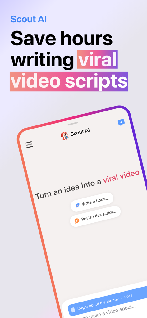 Scout AIアプリのインターフェースを表示するスマートフォン。バイラル動画のスクリプトとフックの作成用
