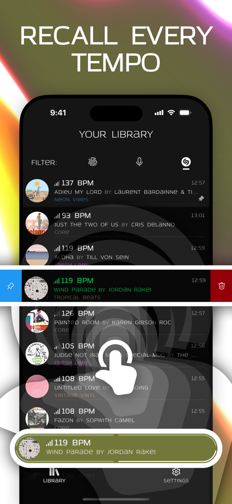 Live BPM: Tap Tempo & Counter - Una vista de biblioteca de la aplicación Live BPM que muestra un historial de tempos de canciones grabados e información de pistas en modo oscuro.