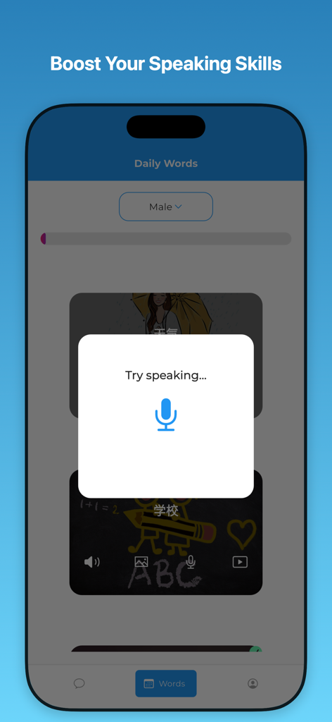Langua app interface showing a voice recognition prompt to boost speaking skills with an AI tutor