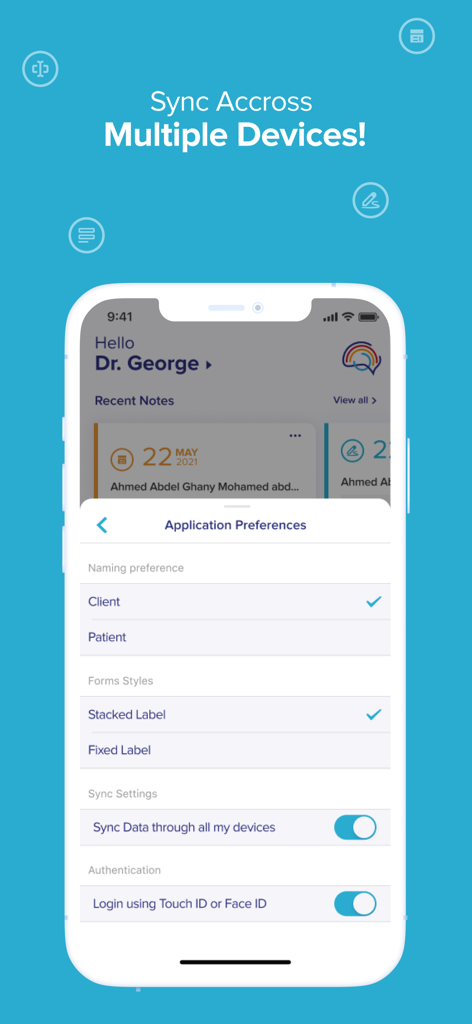 Mimo AI Clinical Notes - Bildschirm mit den Einstellungen der Mimo AI Clinical Notes Anwendung, der die Synchronisierung von Geräten und Sicherheitseinstellungen zeigt