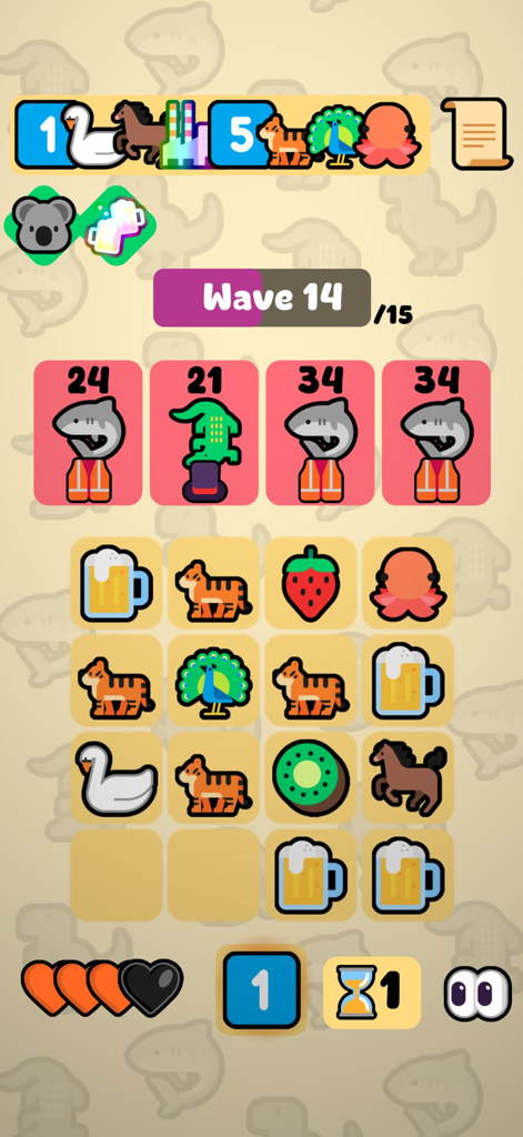 Merge Maestro - Gameplay of Merge Maestro featuring animal emoji tokens on a grid battling shark enemies