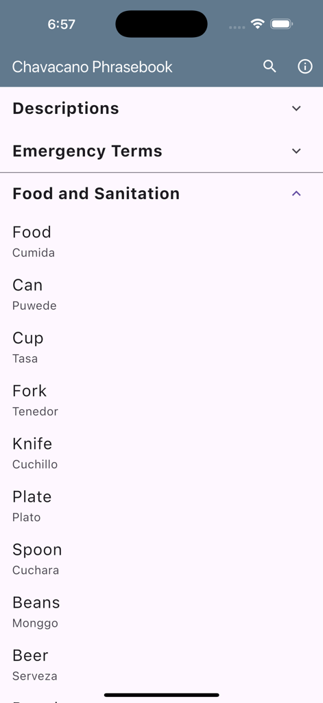Chavacano Phrasebook - Chavacano Phrasebook app showing food and sanitation vocabulary