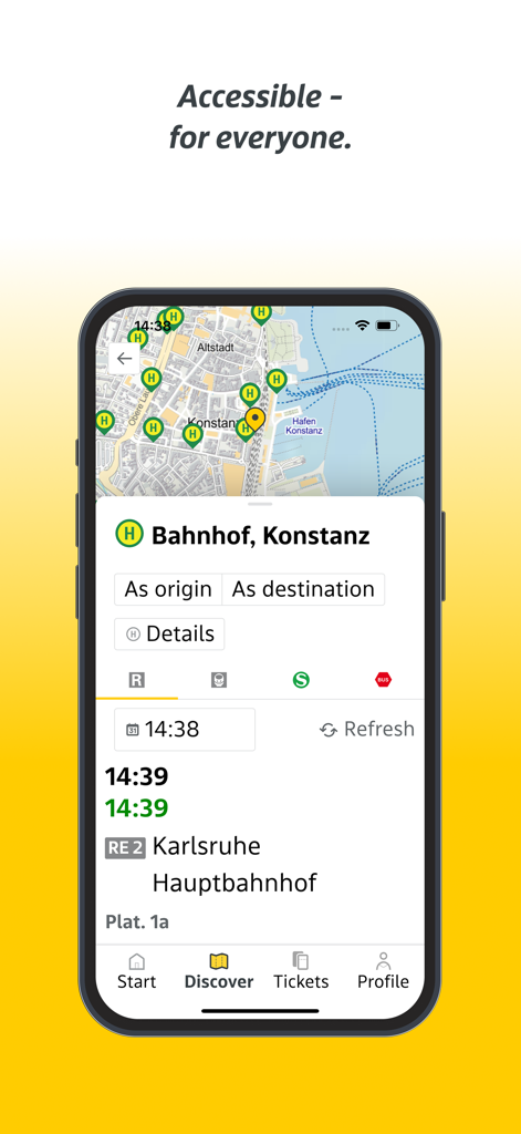 Interfaz de la aplicación móvil que muestra un mapa de Constanza con paradas de tránsito y salidas de tren en tiempo real a Karlsruhe