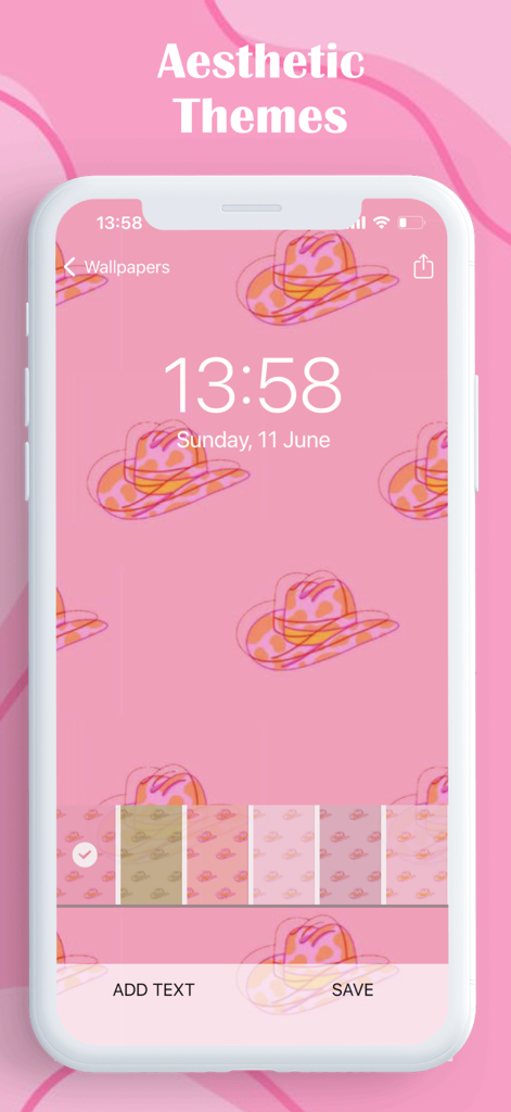 iPhone-Bildschirm mit einem pinken ästhetischen Hintergrund mit Cowboyhut-Mustern und Anpassungsoptionen
