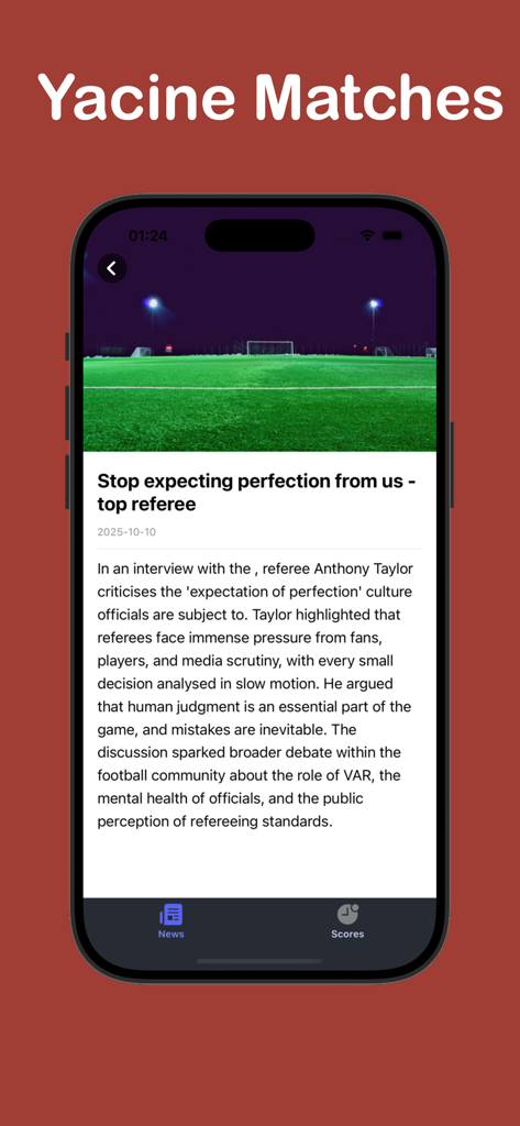 Écran de l'application mobile montrant un article d'actualité sur un arbitre de football dans Yacine TV