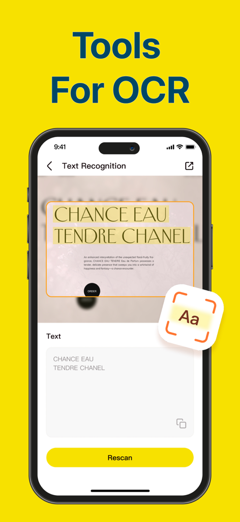 QR Code Reader & Barcode · - iPhone showing the OCR text recognition feature of the QR Code Reader app scanning text from a label