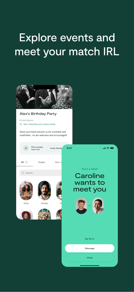 Interface of Loop app showing an event page for a birthday party and a match notification with the message Caroline wants to meet you.